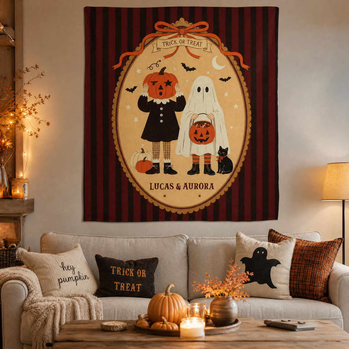 Personalized Vintage Halloween Pumpkin Head Ghost Trick Or Treat Tapestry Wall Hanging Custom Name Seasonal Backdrop