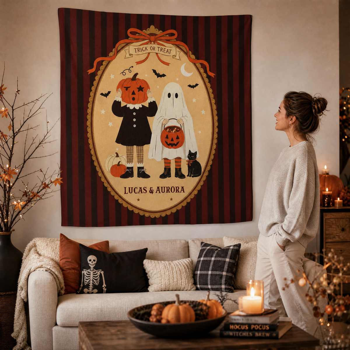 Personalized Vintage Halloween Pumpkin Head Ghost Trick Or Treat Tapestry Wall Hanging Custom Name Seasonal Backdrop
