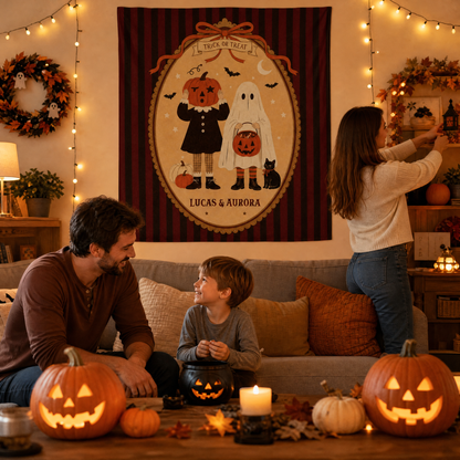 Personalized Vintage Halloween Pumpkin Head Ghost Trick Or Treat Tapestry Wall Hanging Custom Name Seasonal Backdrop