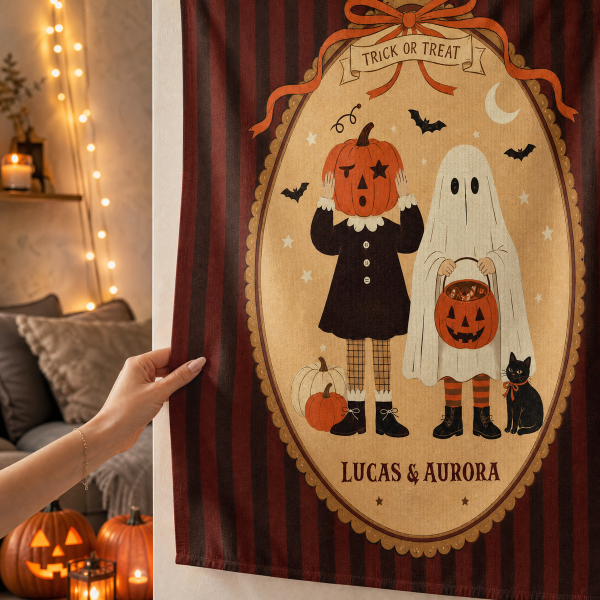 Personalized Vintage Halloween Pumpkin Head Ghost Trick Or Treat Tapestry Wall Hanging Custom Name Seasonal Backdrop