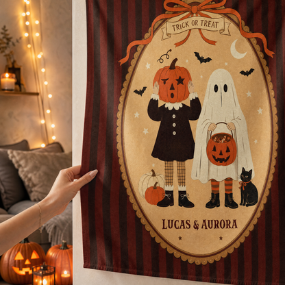Personalized Vintage Halloween Pumpkin Head Ghost Trick Or Treat Tapestry Wall Hanging Custom Name Seasonal Backdrop