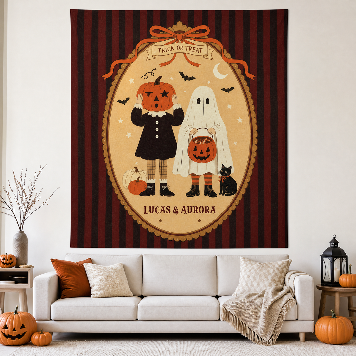 Personalized Vintage Halloween Pumpkin Head Ghost Trick Or Treat Tapestry Wall Hanging Custom Name Seasonal Backdrop
