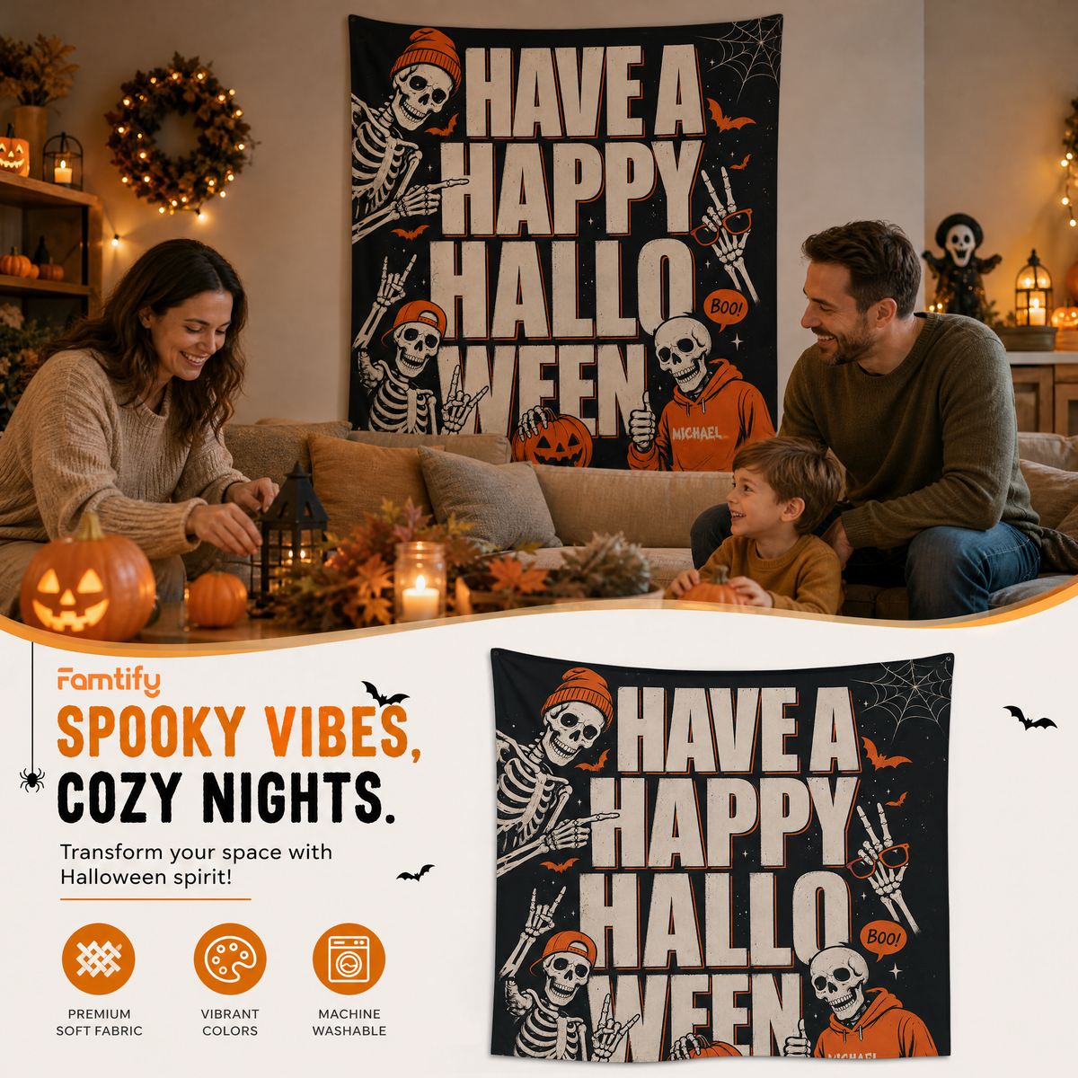 Personalized Have A Happy Halloween Cool Skeleton Tapestry Wall Hanging Custom Name Seasonal Backdrop