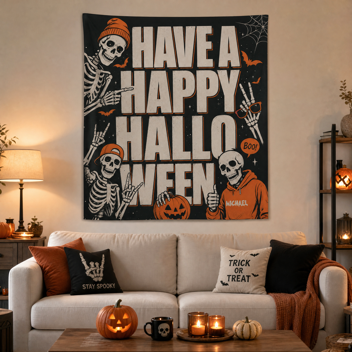 Personalized Have A Happy Halloween Cool Skeleton Tapestry Wall Hanging Custom Name Seasonal Backdrop