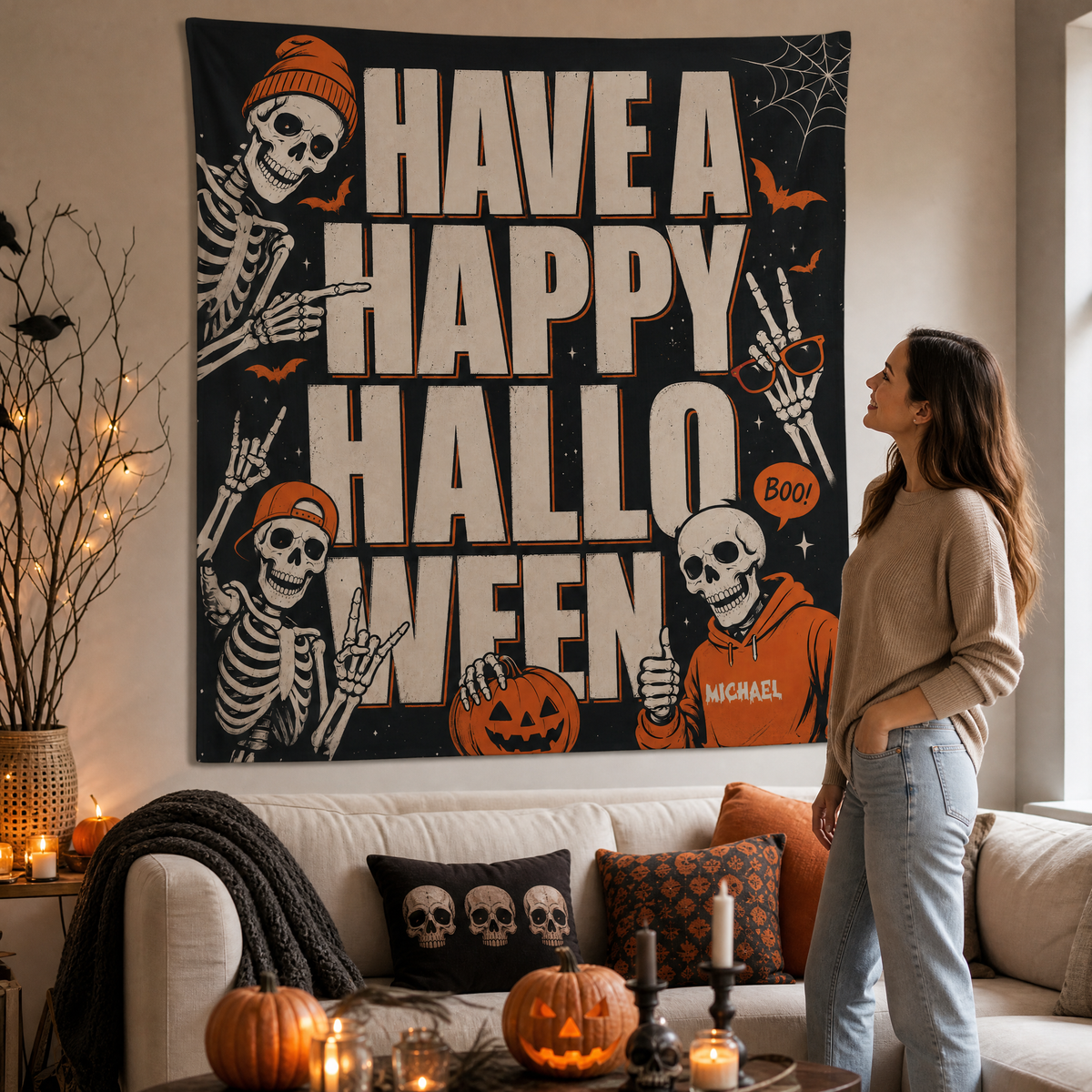 Personalized Have A Happy Halloween Cool Skeleton Tapestry Wall Hanging Custom Name Seasonal Backdrop