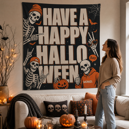 Personalized Have A Happy Halloween Cool Skeleton Tapestry Wall Hanging Custom Name Seasonal Backdrop