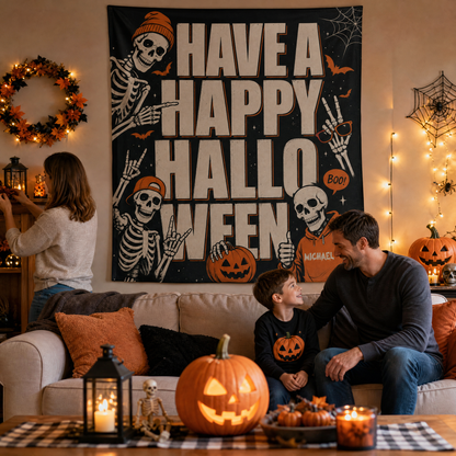 Personalized Have A Happy Halloween Cool Skeleton Tapestry Wall Hanging Custom Name Seasonal Backdrop