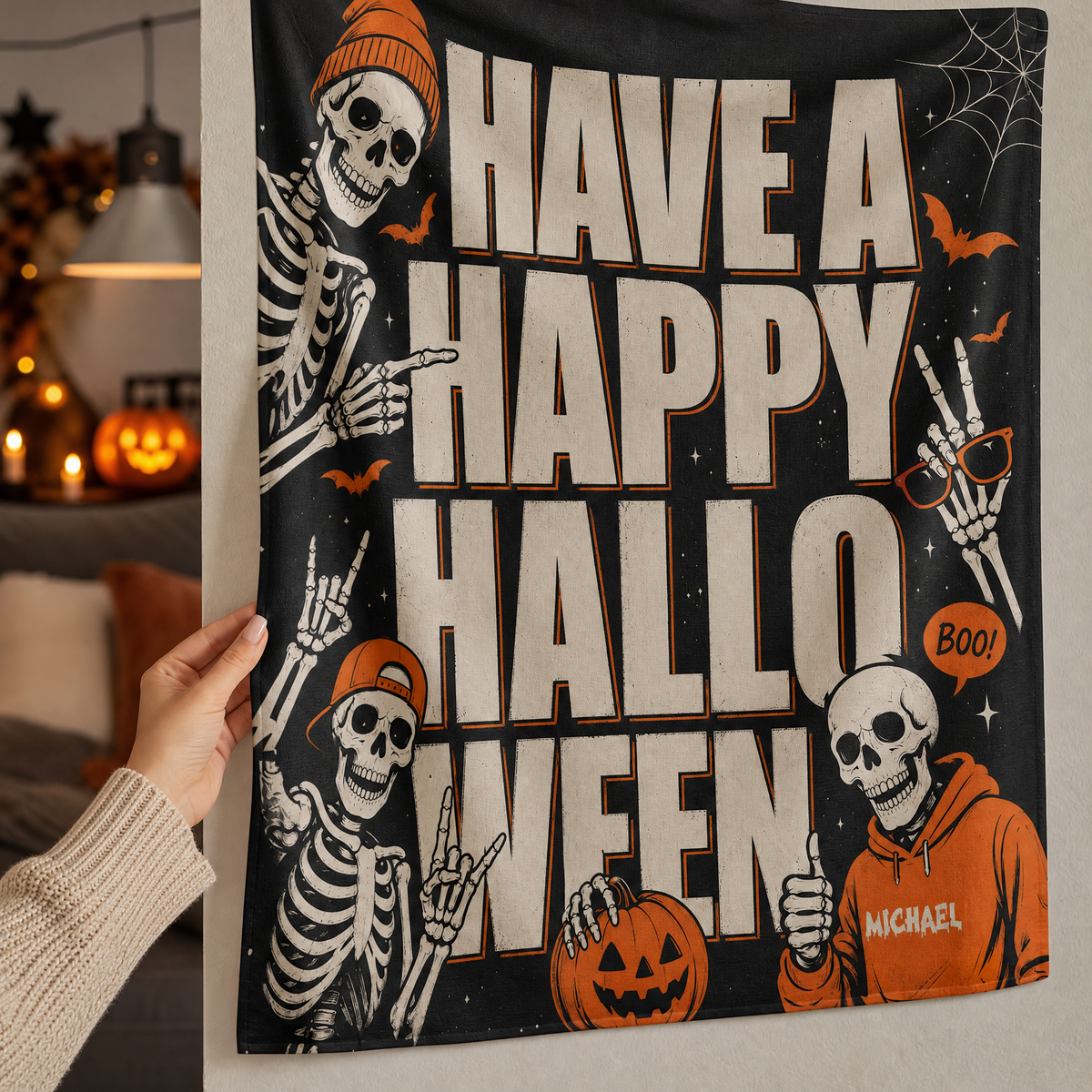 Personalized Have A Happy Halloween Cool Skeleton Tapestry Wall Hanging Custom Name Seasonal Backdrop