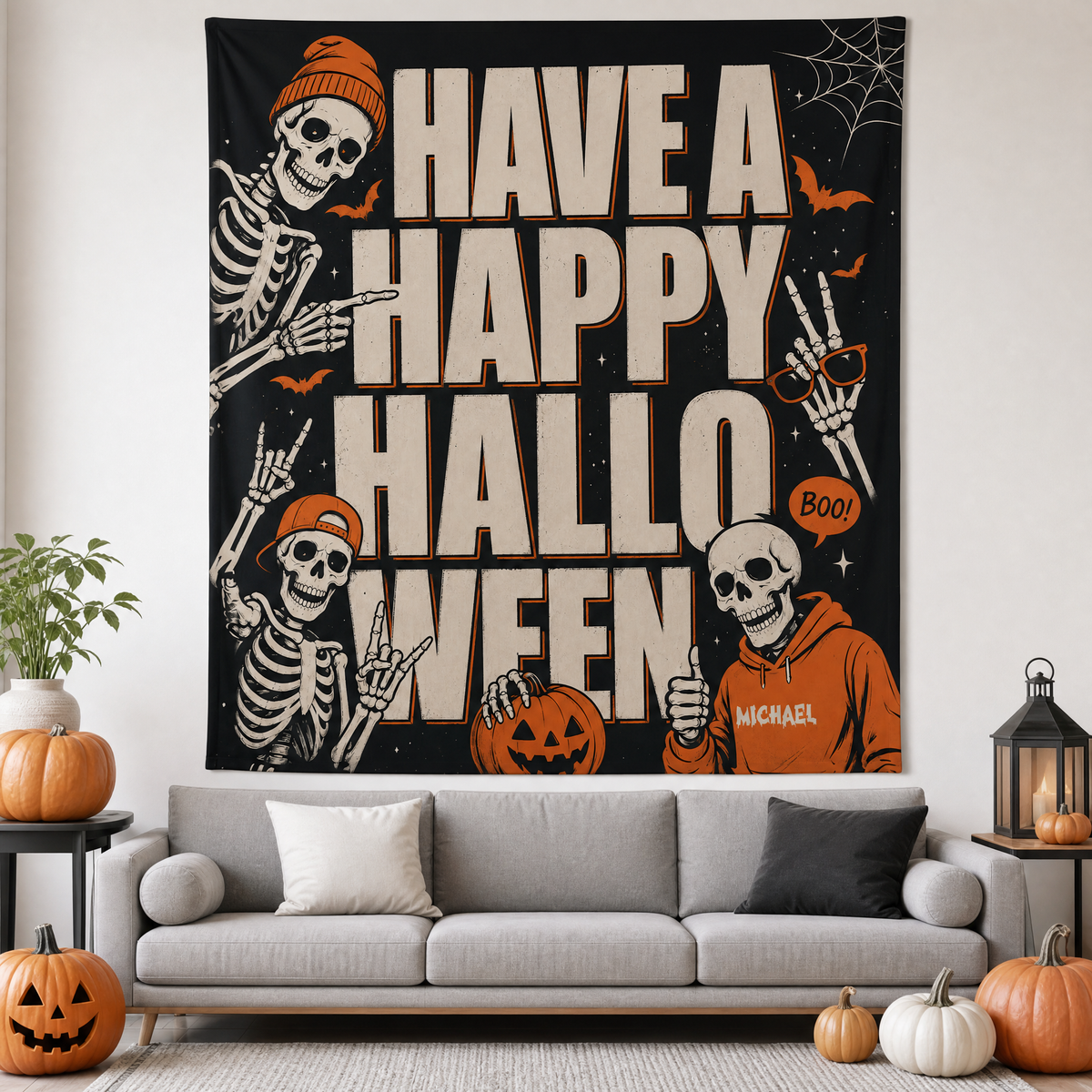Personalized Have A Happy Halloween Cool Skeleton Tapestry Wall Hanging Custom Name Seasonal Backdrop