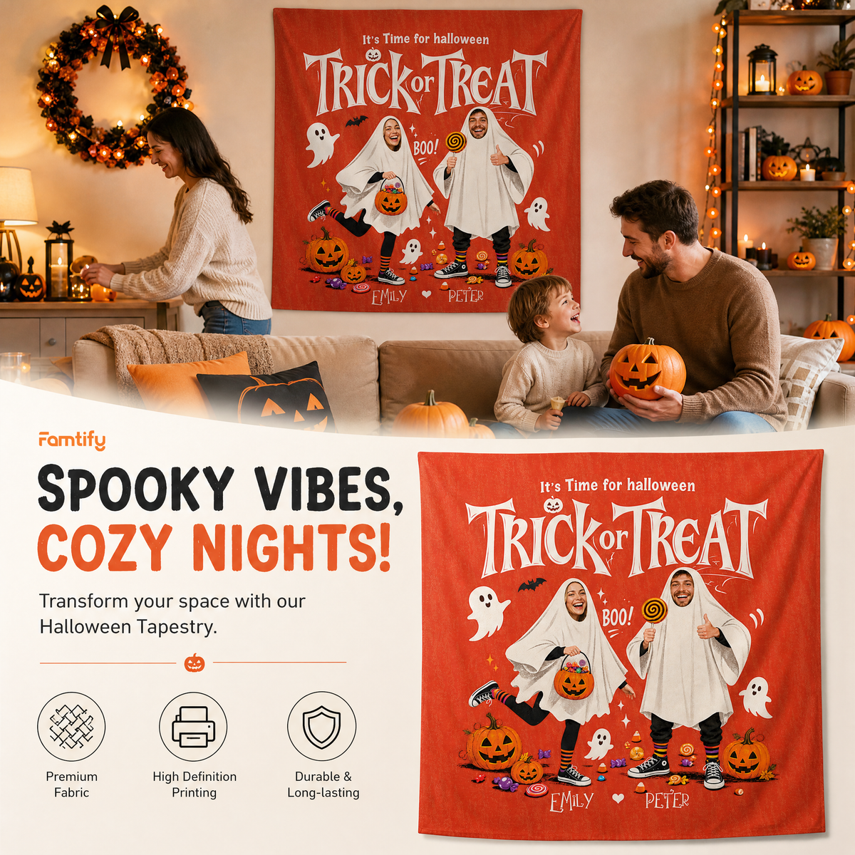Personalized Custom Photo Ghost Trick Or Treat Tapestry Wall Hanging Couple Name Seasonal Backdrop