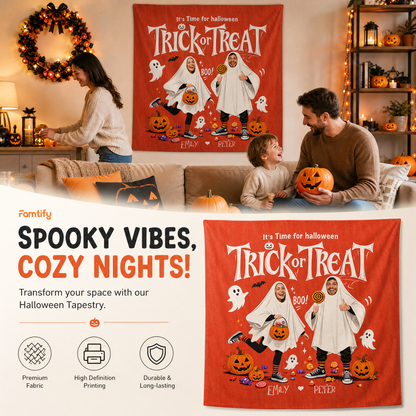 Personalized Custom Photo Ghost Trick Or Treat Tapestry Wall Hanging Couple Name Seasonal Backdrop