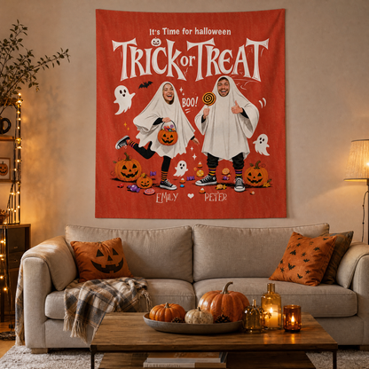 Personalized Custom Photo Ghost Trick Or Treat Tapestry Wall Hanging Couple Name Seasonal Backdrop