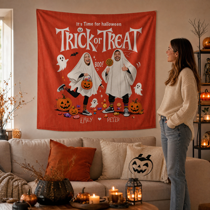 Personalized Custom Photo Ghost Trick Or Treat Tapestry Wall Hanging Couple Name Seasonal Backdrop