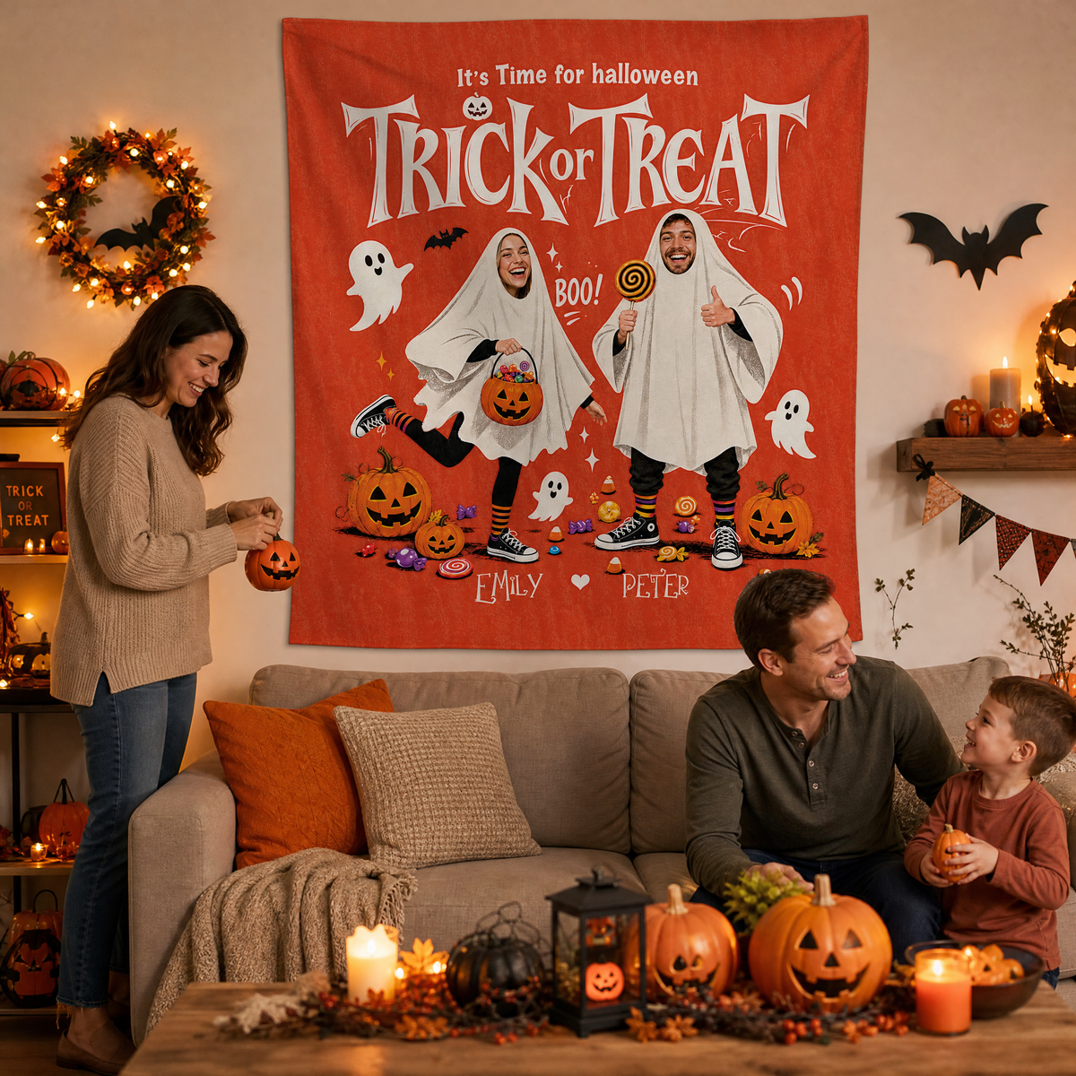 Personalized Custom Photo Ghost Trick Or Treat Tapestry Wall Hanging Couple Name Seasonal Backdrop