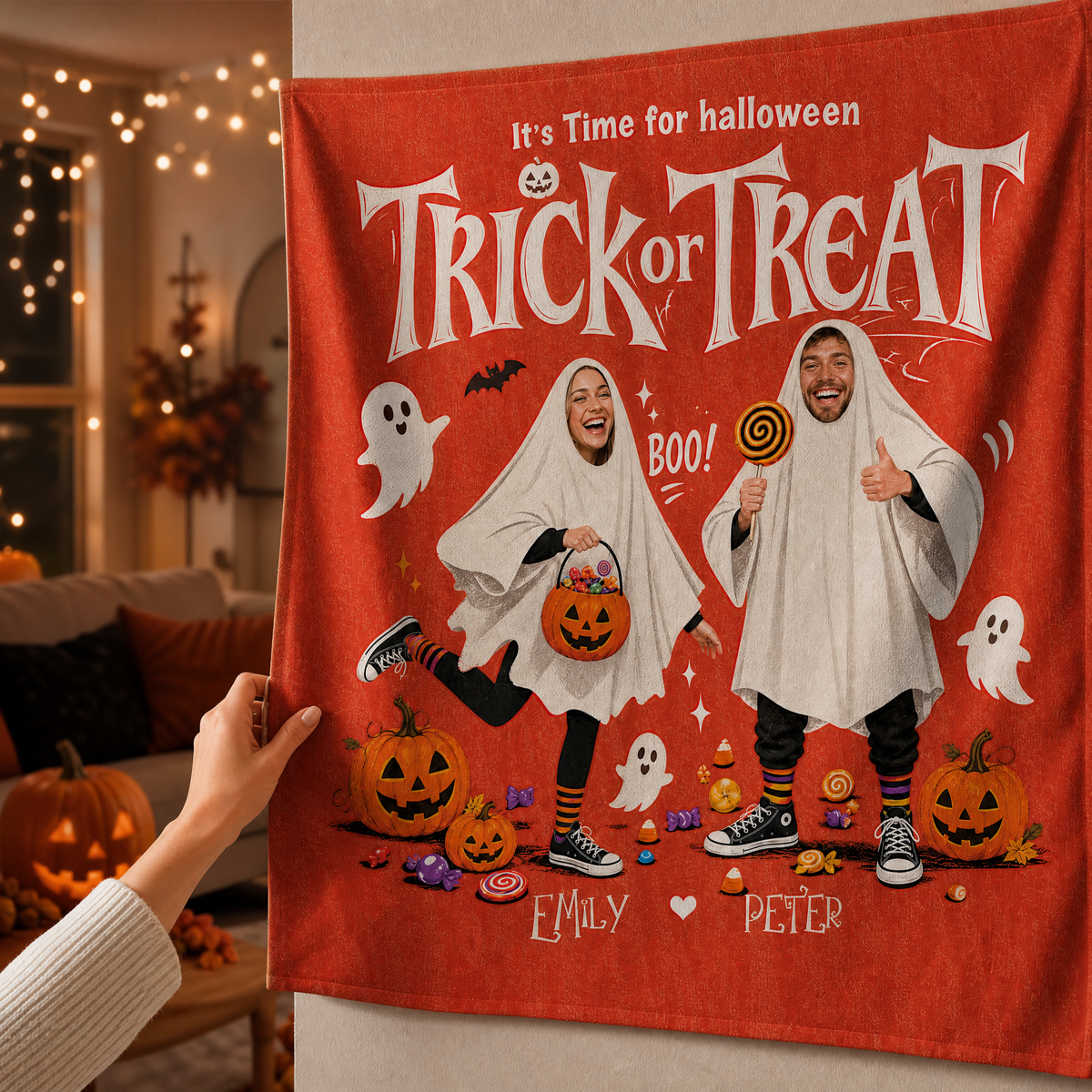 Personalized Custom Photo Ghost Trick Or Treat Tapestry Wall Hanging Couple Name Seasonal Backdrop
