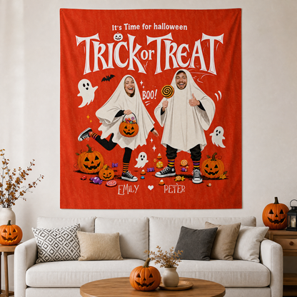 Personalized Custom Photo Ghost Trick Or Treat Tapestry Wall Hanging Couple Name Seasonal Backdrop