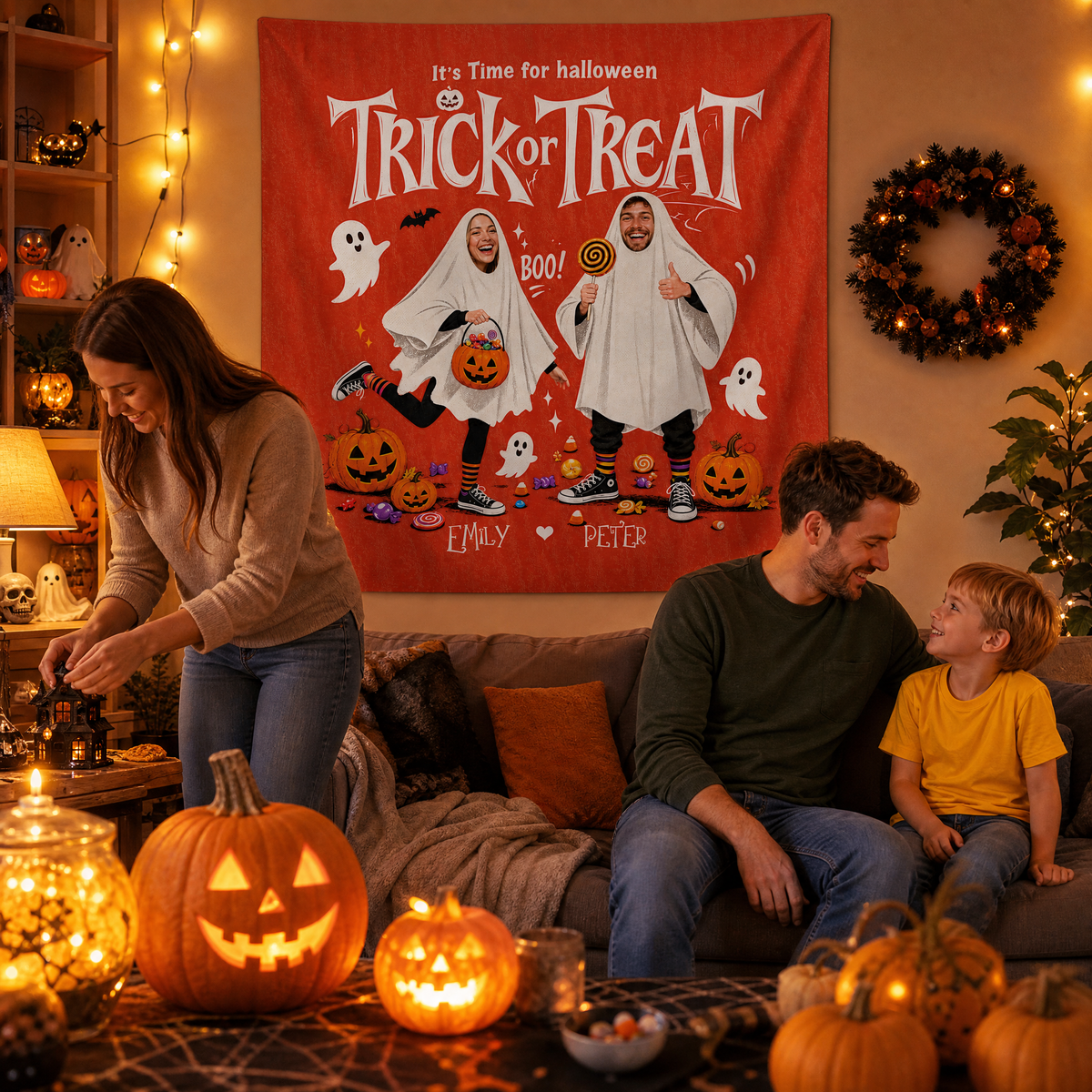 Personalized Custom Photo Ghost Trick Or Treat Tapestry Wall Hanging Couple Name Seasonal Backdrop
