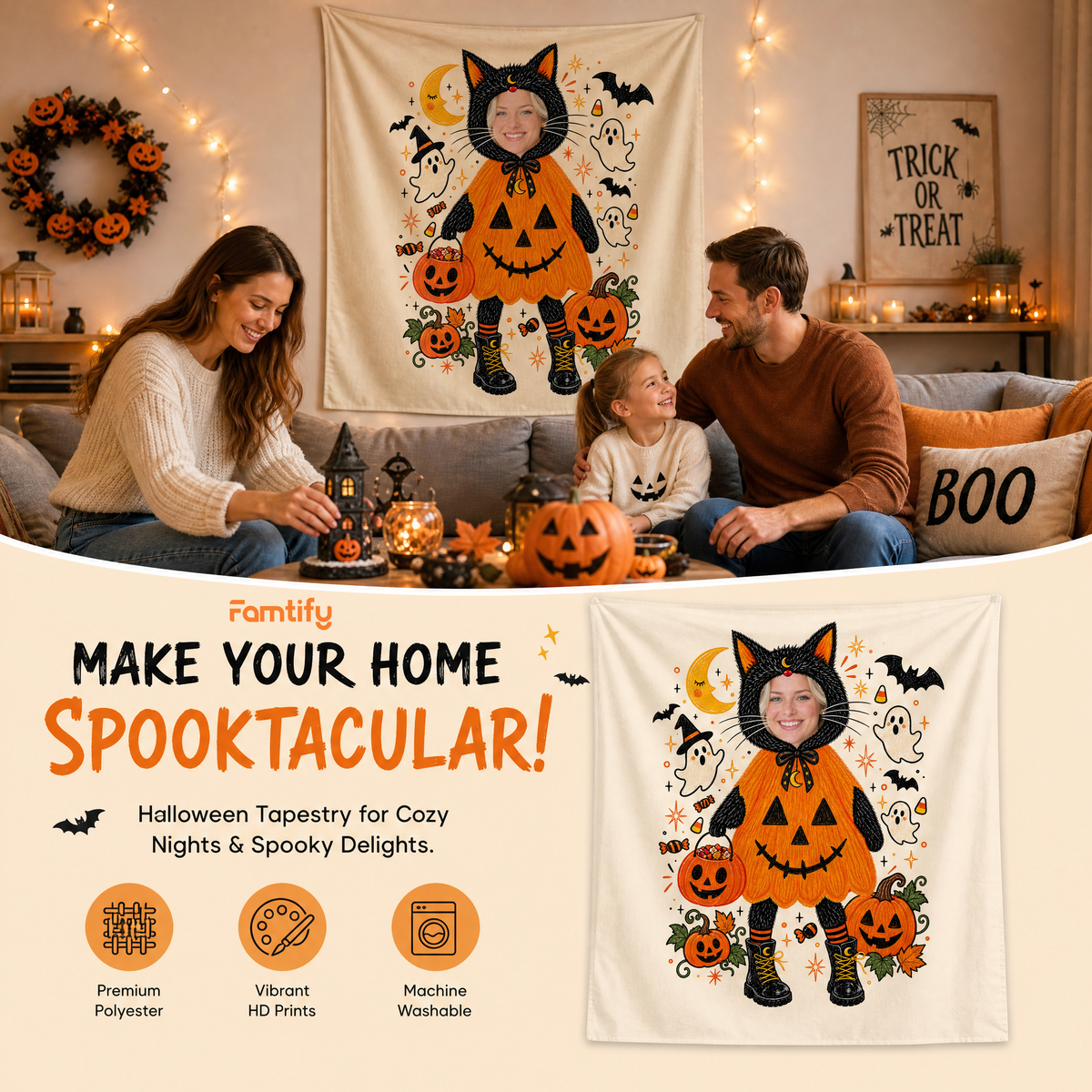 Personalized Custom Photo Black Cat Pumpkin Costume Tapestry Wall Hanging Seasonal Backdrop