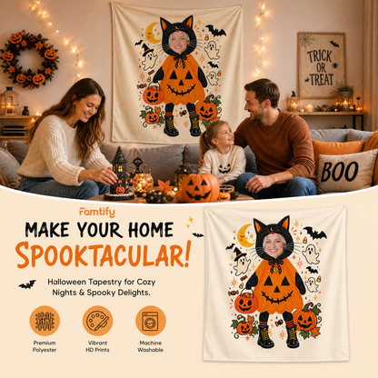 Personalized Custom Photo Black Cat Pumpkin Costume Tapestry Wall Hanging Seasonal Backdrop
