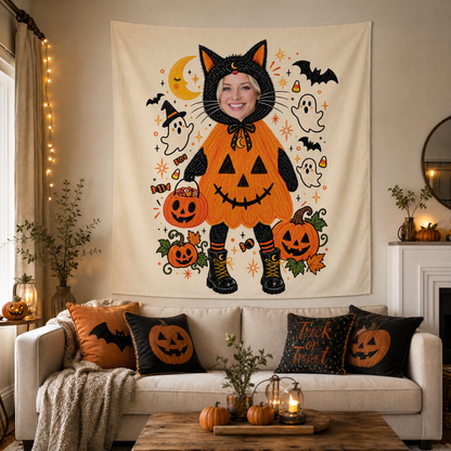 Personalized Custom Photo Black Cat Pumpkin Costume Tapestry Wall Hanging Seasonal Backdrop