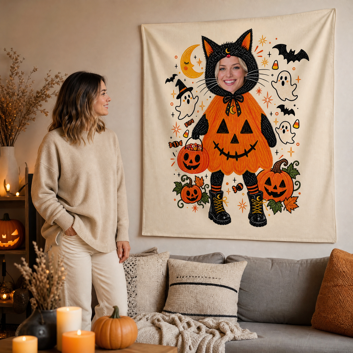 Personalized Custom Photo Black Cat Pumpkin Costume Tapestry Wall Hanging Seasonal Backdrop