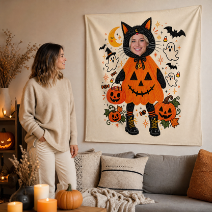 Personalized Custom Photo Black Cat Pumpkin Costume Tapestry Wall Hanging Seasonal Backdrop