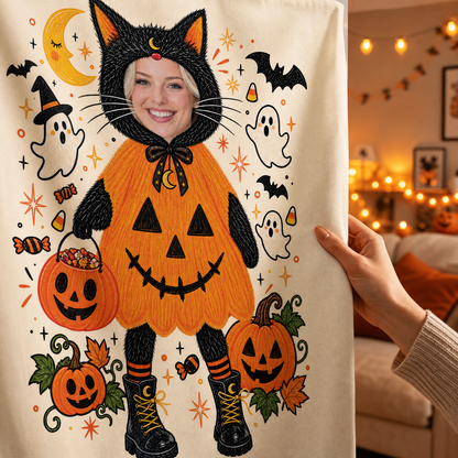 Personalized Custom Photo Black Cat Pumpkin Costume Tapestry Wall Hanging Seasonal Backdrop