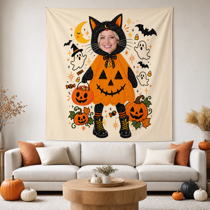 Personalized Custom Photo Black Cat Pumpkin Costume Tapestry Wall Hanging Seasonal Backdrop