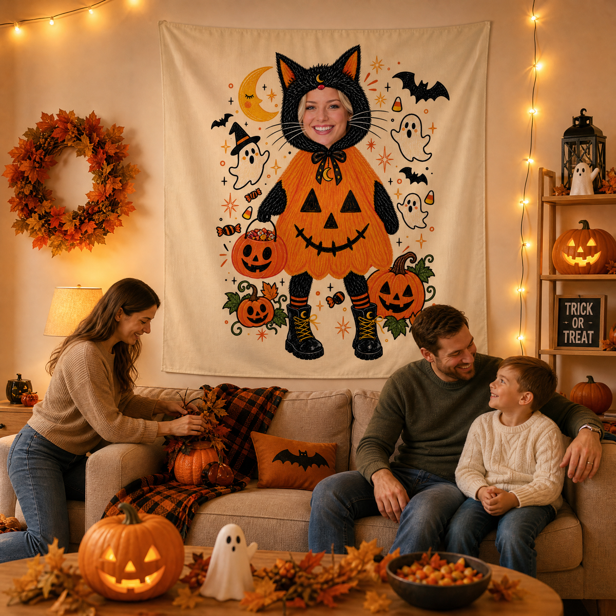 Personalized Custom Photo Black Cat Pumpkin Costume Tapestry Wall Hanging Seasonal Backdrop