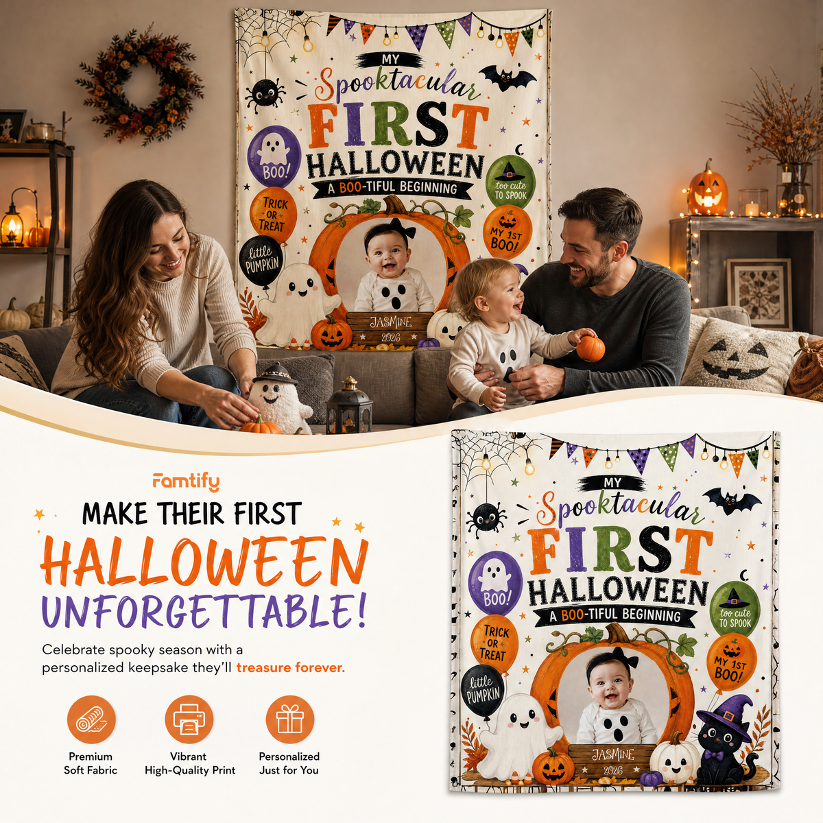 Personalized Baby First Halloween Custom Photo Pumpkin Ghost Tapestry Wall Hanging Name Year Keepsake Backdrop