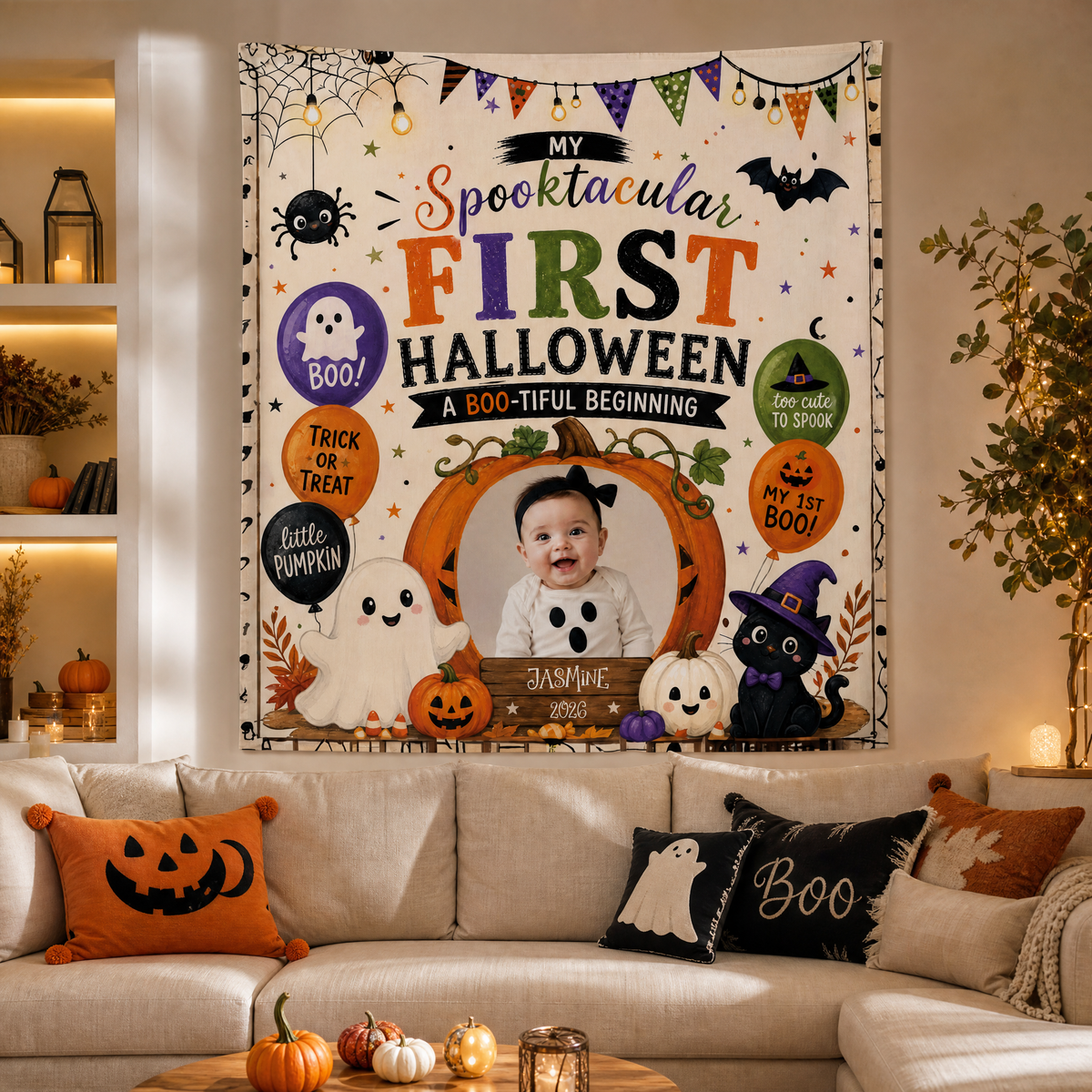 Personalized Baby First Halloween Custom Photo Pumpkin Ghost Tapestry Wall Hanging Name Year Keepsake Backdrop