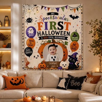 Personalized Baby First Halloween Custom Photo Pumpkin Ghost Tapestry Wall Hanging Name Year Keepsake Backdrop