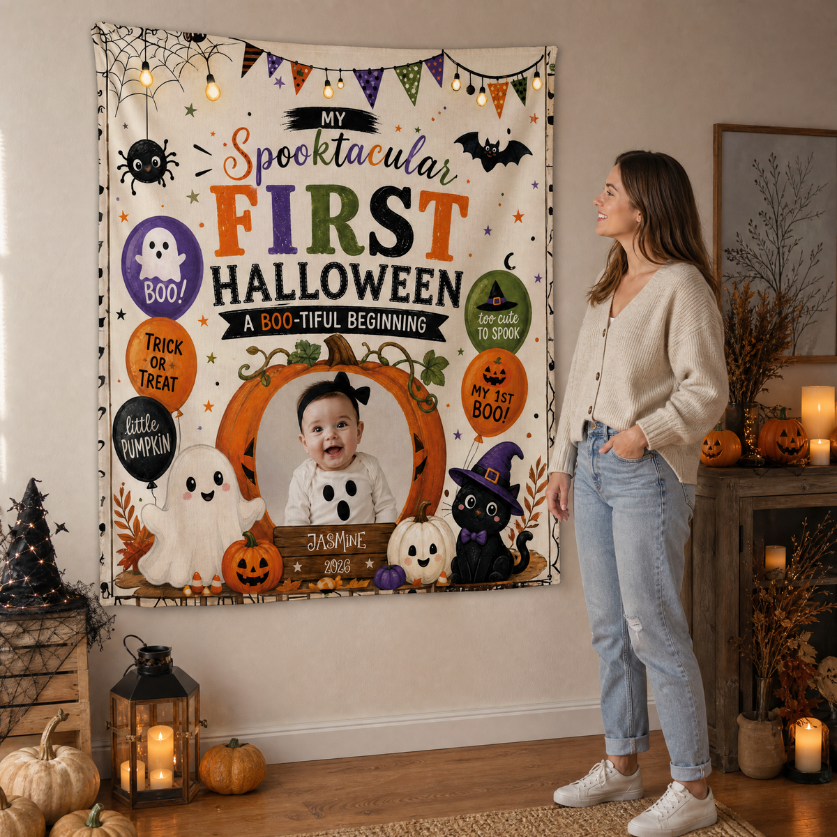Personalized Baby First Halloween Custom Photo Pumpkin Ghost Tapestry Wall Hanging Name Year Keepsake Backdrop