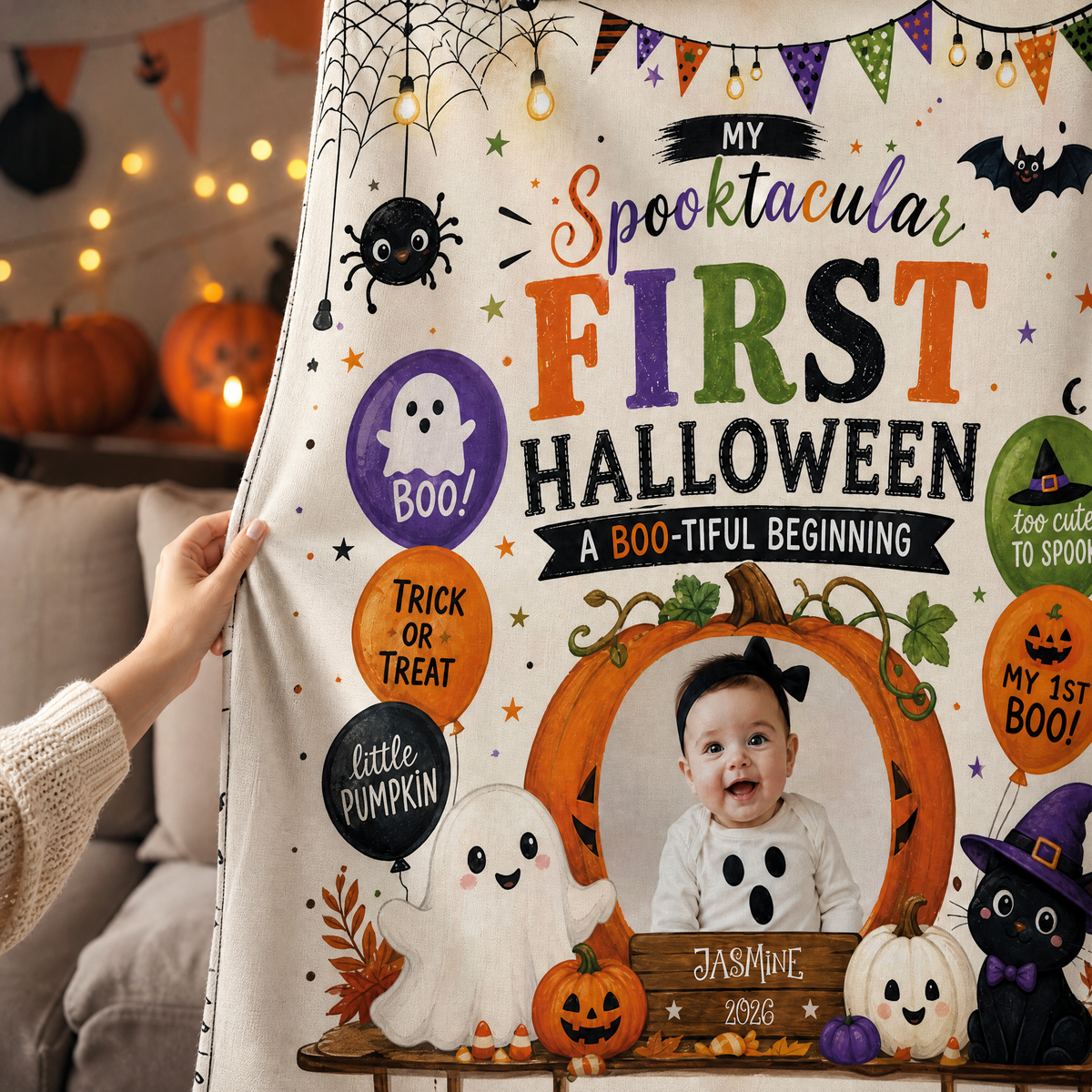Personalized Baby First Halloween Custom Photo Pumpkin Ghost Tapestry Wall Hanging Name Year Keepsake Backdrop
