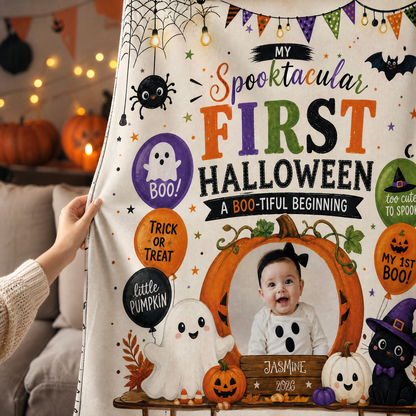 Personalized Baby First Halloween Custom Photo Pumpkin Ghost Tapestry Wall Hanging Name Year Keepsake Backdrop