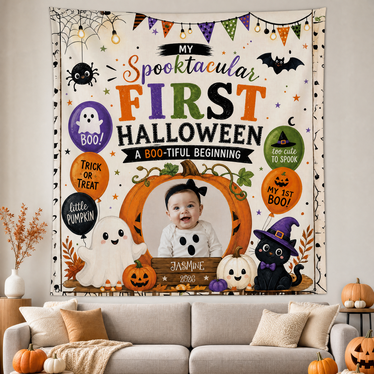 Personalized Baby First Halloween Custom Photo Pumpkin Ghost Tapestry Wall Hanging Name Year Keepsake Backdrop