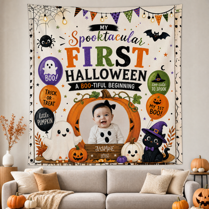 Personalized Baby First Halloween Custom Photo Pumpkin Ghost Tapestry Wall Hanging Name Year Keepsake Backdrop