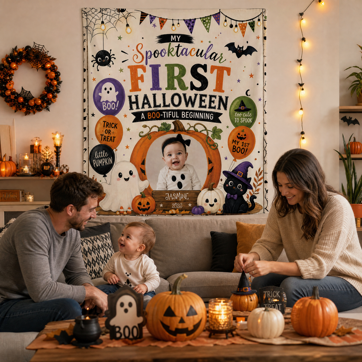 Personalized Baby First Halloween Custom Photo Pumpkin Ghost Tapestry Wall Hanging Name Year Keepsake Backdrop