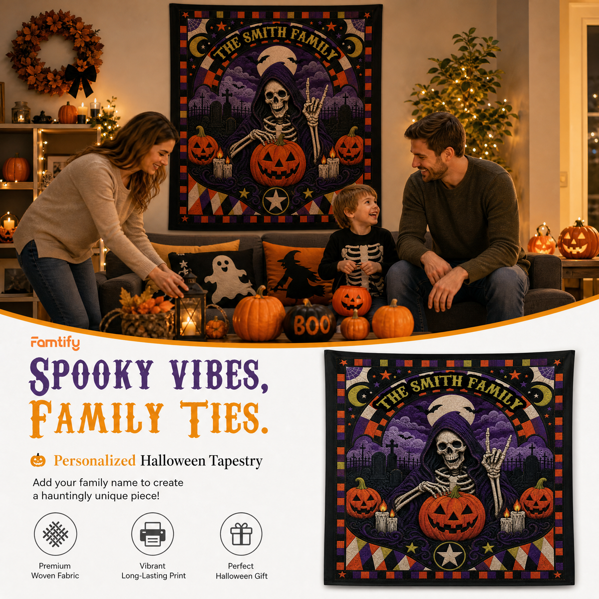 Personalized Halloween Grim Reaper Skeleton Quilt Style Tapestry Wall Hanging Custom Family Name Seasonal Backdrop