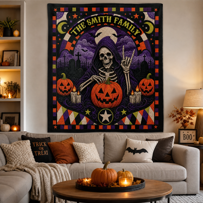 Personalized Halloween Grim Reaper Skeleton Quilt Style Tapestry Wall Hanging Custom Family Name Seasonal Backdrop