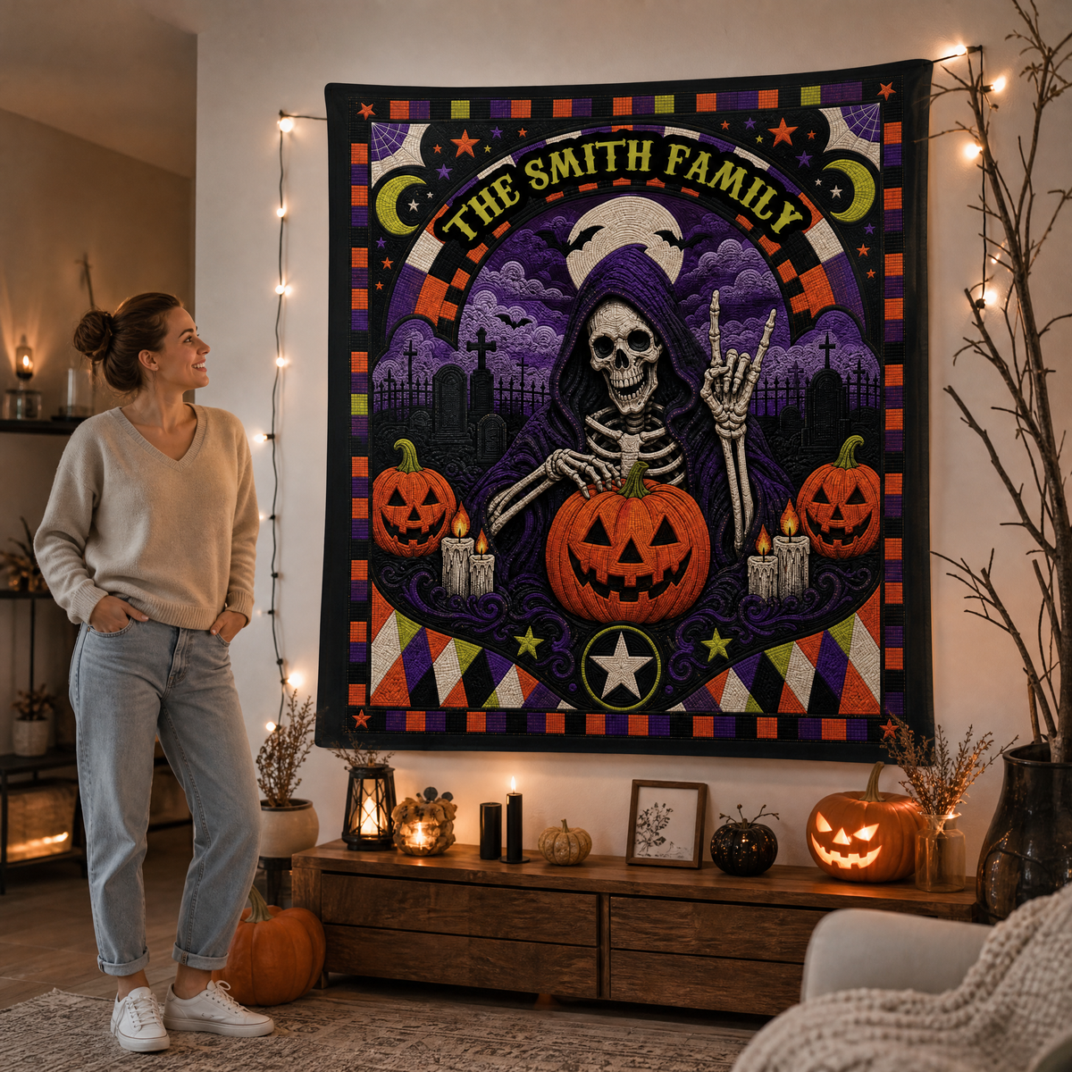 Personalized Halloween Grim Reaper Skeleton Quilt Style Tapestry Wall Hanging Custom Family Name Seasonal Backdrop