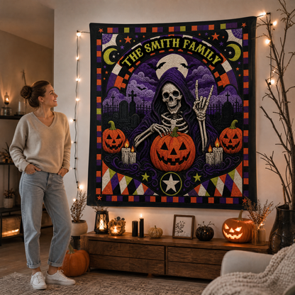 Personalized Halloween Grim Reaper Skeleton Quilt Style Tapestry Wall Hanging Custom Family Name Seasonal Backdrop