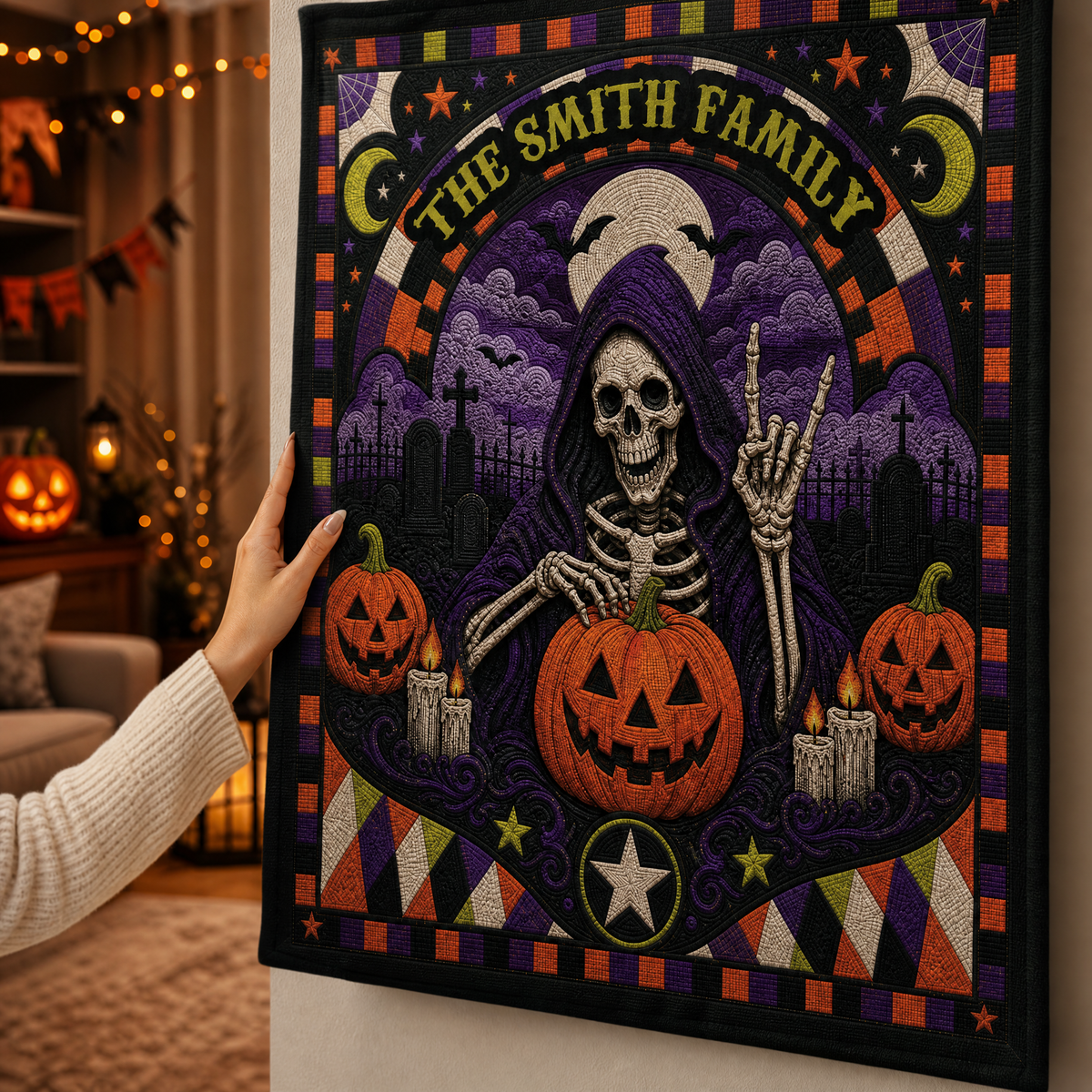 Personalized Halloween Grim Reaper Skeleton Quilt Style Tapestry Wall Hanging Custom Family Name Seasonal Backdrop