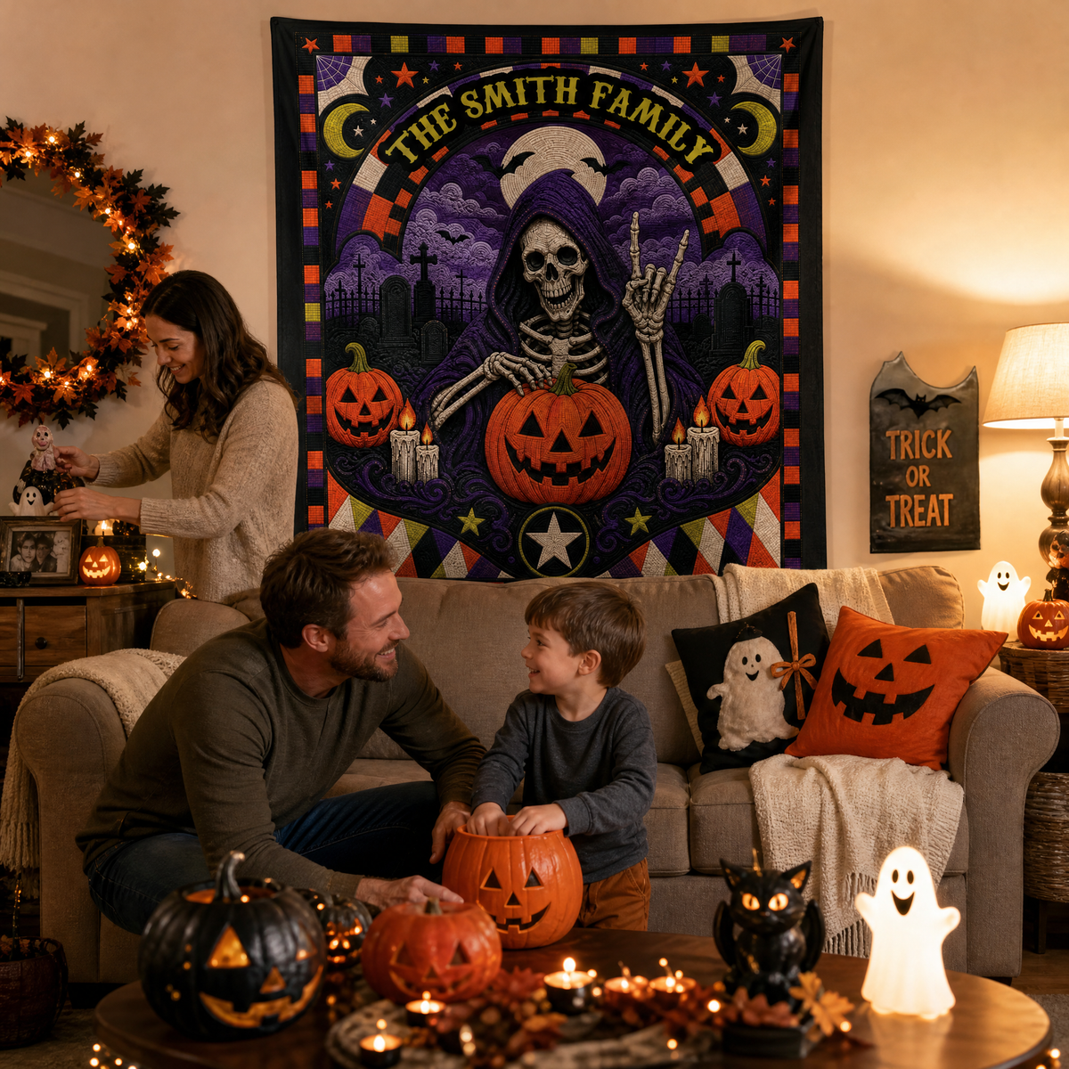Personalized Halloween Grim Reaper Skeleton Quilt Style Tapestry Wall Hanging Custom Family Name Seasonal Backdrop