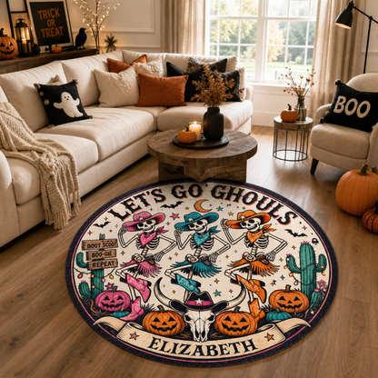 Personalized Halloween Lets Go Ghouls Western Skeleton Cowgirl Round Rug Custom Name Home Decor Floor Mat