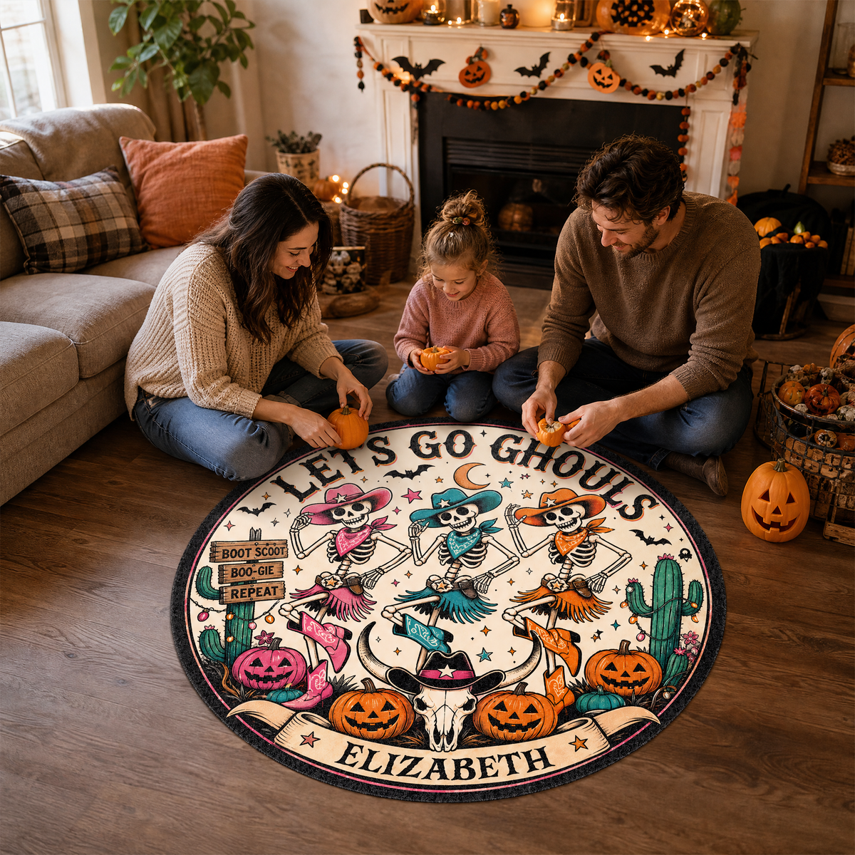 Personalized Halloween Lets Go Ghouls Western Skeleton Cowgirl Round Rug Custom Name Home Decor Floor Mat