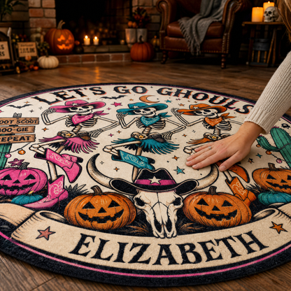 Personalized Halloween Lets Go Ghouls Western Skeleton Cowgirl Round Rug Custom Name Home Decor Floor Mat