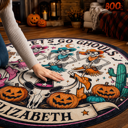 Personalized Halloween Lets Go Ghouls Western Skeleton Cowgirl Round Rug Custom Name Home Decor Floor Mat