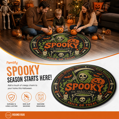 Personalized Halloween Grim Reaper Spooky Cauldron Round Rug Custom Family Name Home Decor Floor Mat