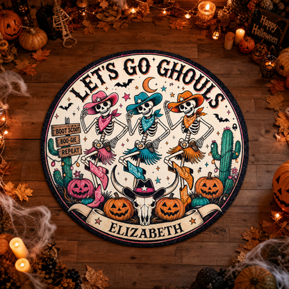 Personalized Halloween Lets Go Ghouls Western Skeleton Cowgirl Round Rug Custom Name Home Decor Floor Mat